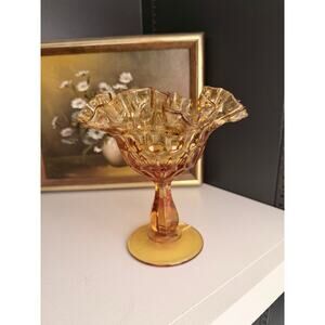 Vintage Fenton Amber Glass Ruffled Pedestal Compote Thumbprint Candy Dish